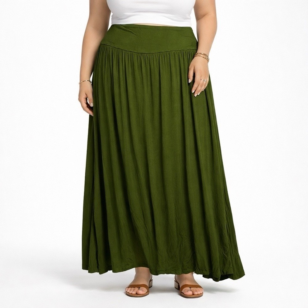Trendy United Olive Green Maxi Skirt XL Boho Fold Over Waist Jersey Knit Cottage